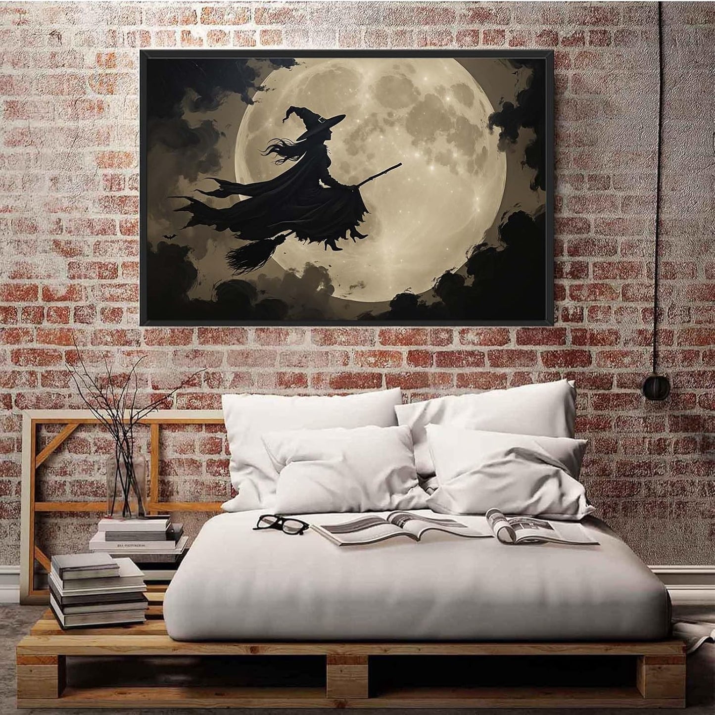 JFHCQJPK Full moon witch silhouette poster witch on magic broom Halloween mural poster decorative mural art suitable for home living room bedroom24x36in Metal blackFramed