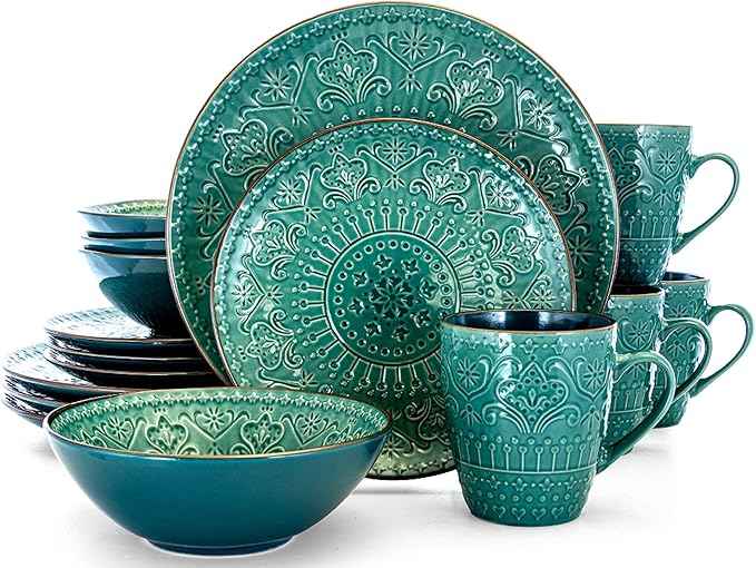 Elama Sea Foam Mozaic 16 Piece Round Stoneware Dinnerware Set in Sea Green
