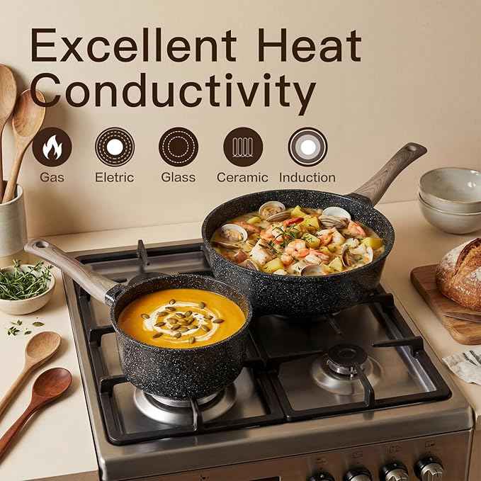 Pots and Pans Set Nonstick 22 Pcs, Ceramic cookware set Non-Toxic Coating Inky Granite Kitchen Cookware Set, Induction Kitchen Cooking Set w/Frying Pans, Saucepans & Glass Lids, PFOS & PFOA Free