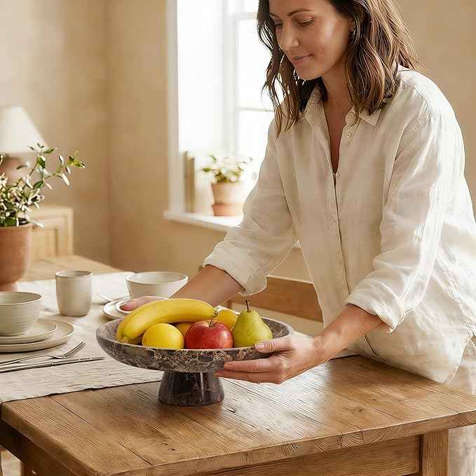 YMXYJM Natural Marble Fruit Bowl for Kitchen Counter 10.2", Large Decorative Bowl Pedestal for Home Decor, Fruits Holder For Dining Table, Brown