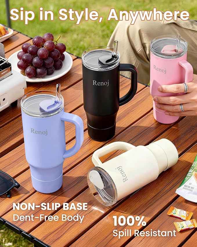 Renoj Insulated Mug 100% Spill Resistant Insulated Water Bottle for Iced Coffee & Hot Drinks - Fits Car Cup Holder, Ideal Gift, 2 Straws & Silicone Boot - FlexSlide Pink 40 oz