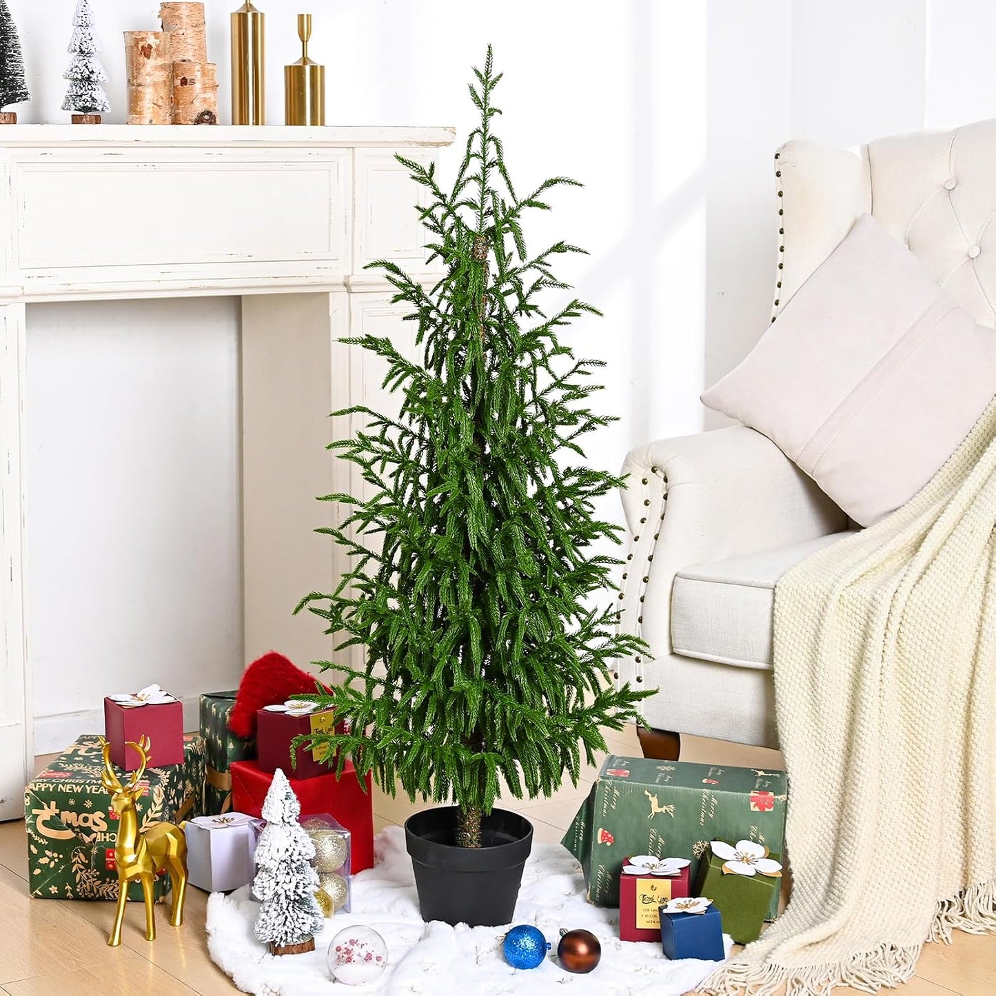 Lifecapido Artificial Norfolk Pine Tree, 4ft Realistic Christmas Tree, Fake Potted Plants for Front Porch Outdoor Indoor Garden Christmas Decor