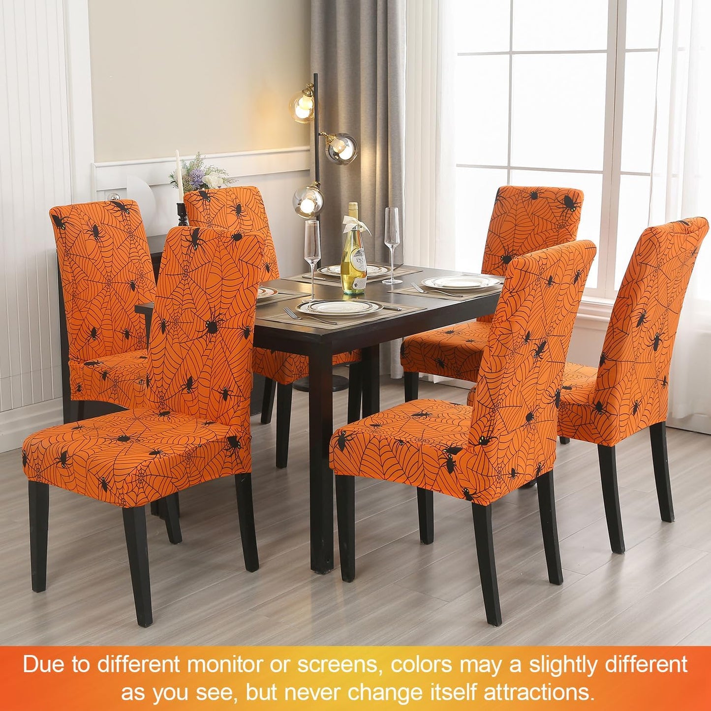 JQinHome Halloween Orange Dining Chair Slipcover, Spider Web Chair Covers Set of 6 ，High Stretch Washable Chair Protector Cover for Dining Room, Kitchen,Home Party,Wedding Ceremony(Orange, 6PC)