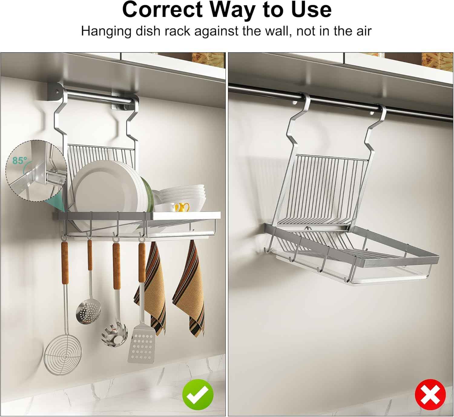 TQVAI Over Sink Dish Drainer Drying Rack, Stainless Steel Foldable Wall Mounted Dish Racks with Drainboard Hanging Rod and Sponge Holder, Silver