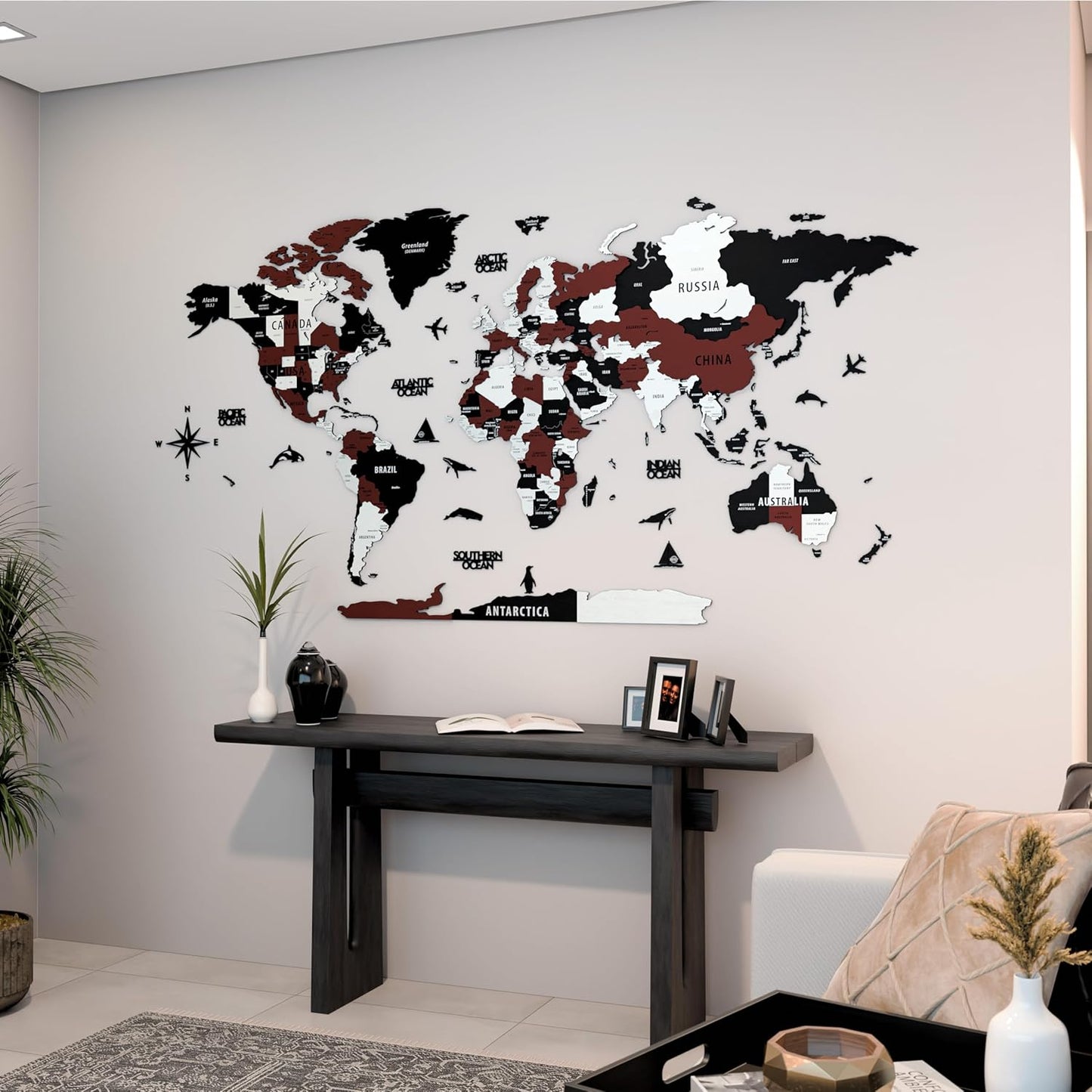 Colorfull Worlds 3D Wooden World Map Wall Art | Unique Wall Decor with Pins for Travel Enthusiasts | Home and Office Wall Décor | Burgundy | Large