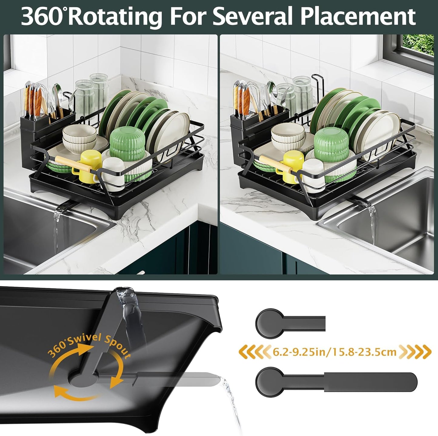 Epicano Dish Drying Rack for Kitchen Counter - Large Capacity Dish Rack with Wooden Handle,Cup Holder & Knife Slots, Rustproof Dish Drainer with Auto-Drainage System, Kitchen Sink Organizer, Black