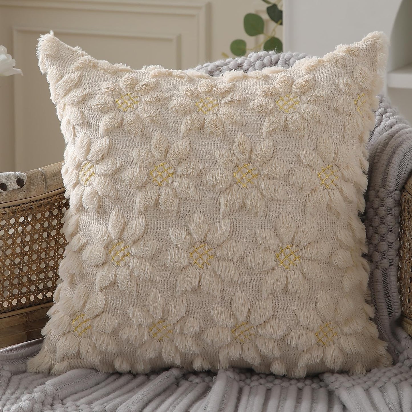 DFXSZ Spring Summer Pillow Covers 16x16 inch Set of 2 Farmhouse Decor Yellow Flower Heart Sunflower Beige Soft Plush Faux Fur Jacquard Throw Pillows for Sofa Holiday Spring Home Decor PTK024E16