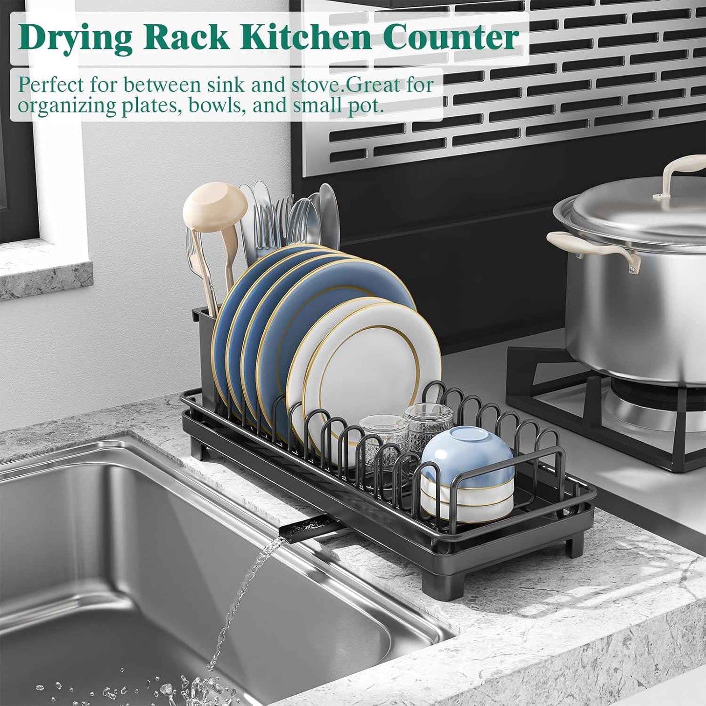 XYZLVSI Small Sink Dish Drying Rack with Drainboard, Compact Dish Drainer for Kitchen Countertop, Rustproof Plate Organizer with Utensil Holder, Black