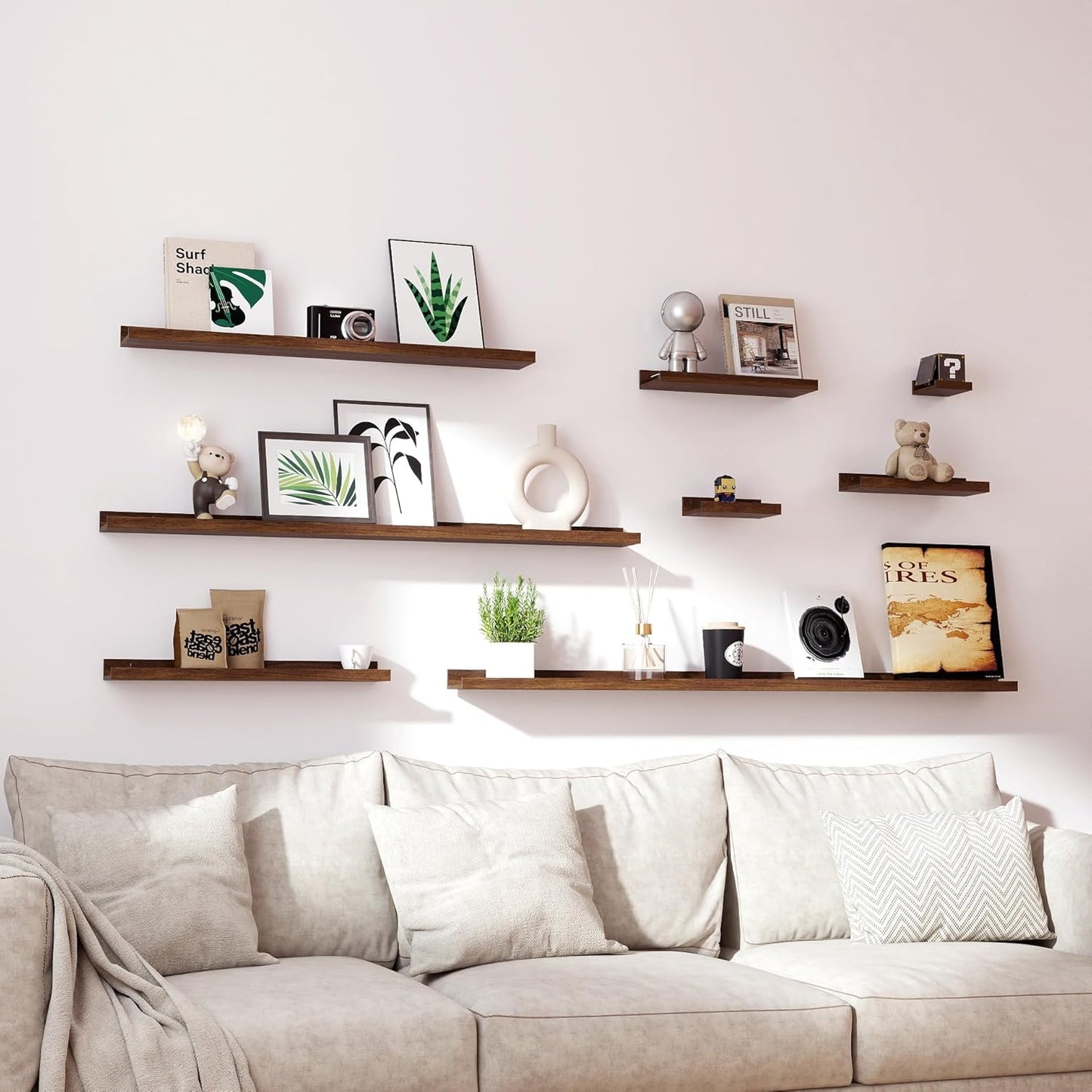 Floating Shelves for Wall Decor, Wall Mounted Wood Storage Shelf for Bedroom, Living Room, Bathroom, Kitchen, Nursery, Display Picture Ledge Shelf with Lip Set of 2-14 Inches, Walnut