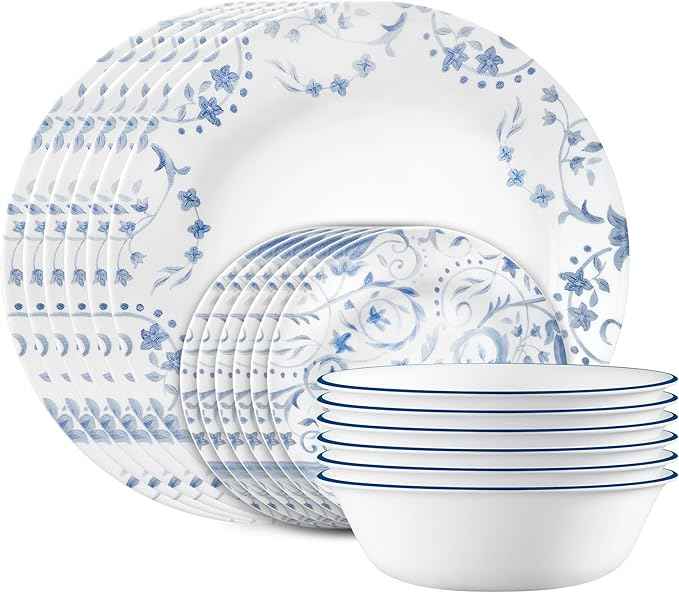 Corelle Vitrelle 18-Piece Service for 6 Dinnerware Set, Triple Layer Glass and Chip Resistant, Lightweight Round Plates and Bowls Set, Darlington
