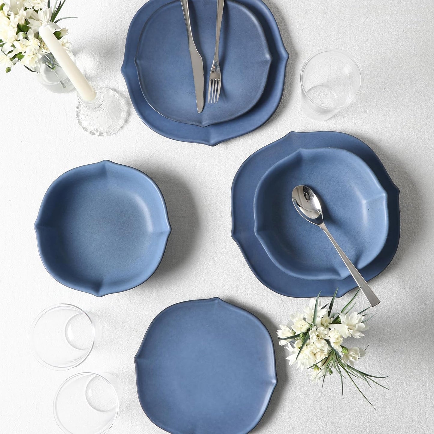 Stone Lain Baskerville 32-Piece Dinnerware Set Stoneware, Borosilicate Glass, Blue