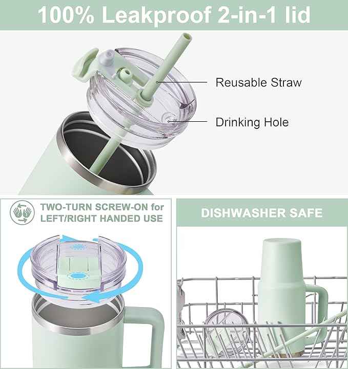 SUNWILL Travel Coffee Mug with Lid, 20 oz Tumbler with Handle and Straw Leak Proof, Stainless Steel Cup Insulated for Office & Gym, Cupholder Friendly, Powder Coated Matcha Cream
