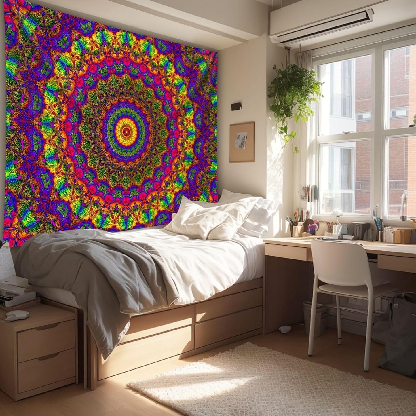 PSYHILAR Blacklight Mandala Boho Tapestry, Black Light Bohemian Hippie Poster for Adults and Teens, Aesthetic Colorful UV Reactive Wall Art Decor for Bedroom (60 x 50 Inches)
