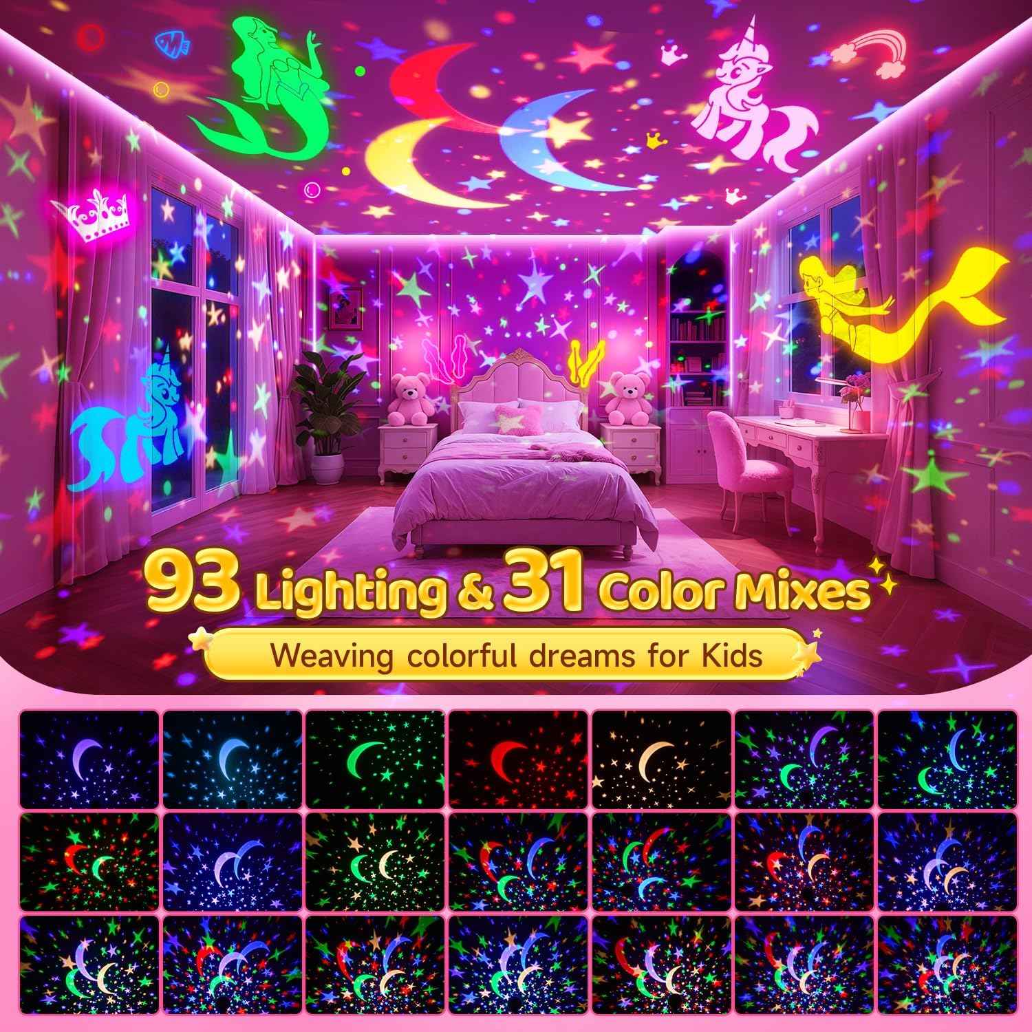 Girl Gifts & Toys, 【3 Film & 93 Colors】Kids Night Light Projector, Unicorn Toys+Princess Toys+Mermaid Toy+Night Light for Kids, 4 Year Old Girl Birthday Gifts, Juguetes para Niñas, Muñecas para Niñas