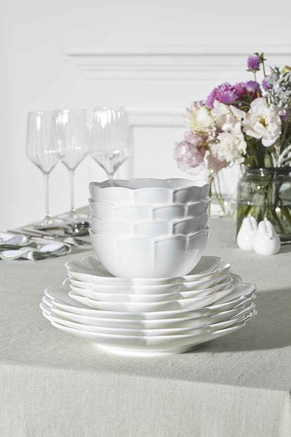 Lenox Dinnerware Set, Studio 1414 Scallop 12-Piece Set, Service For 4, Bone China Material, Dishwasher & Microwave Safe, Home And Kitchen, Kitchen And Dining, Plates And Bowls Sets (White, 12 Pieces)