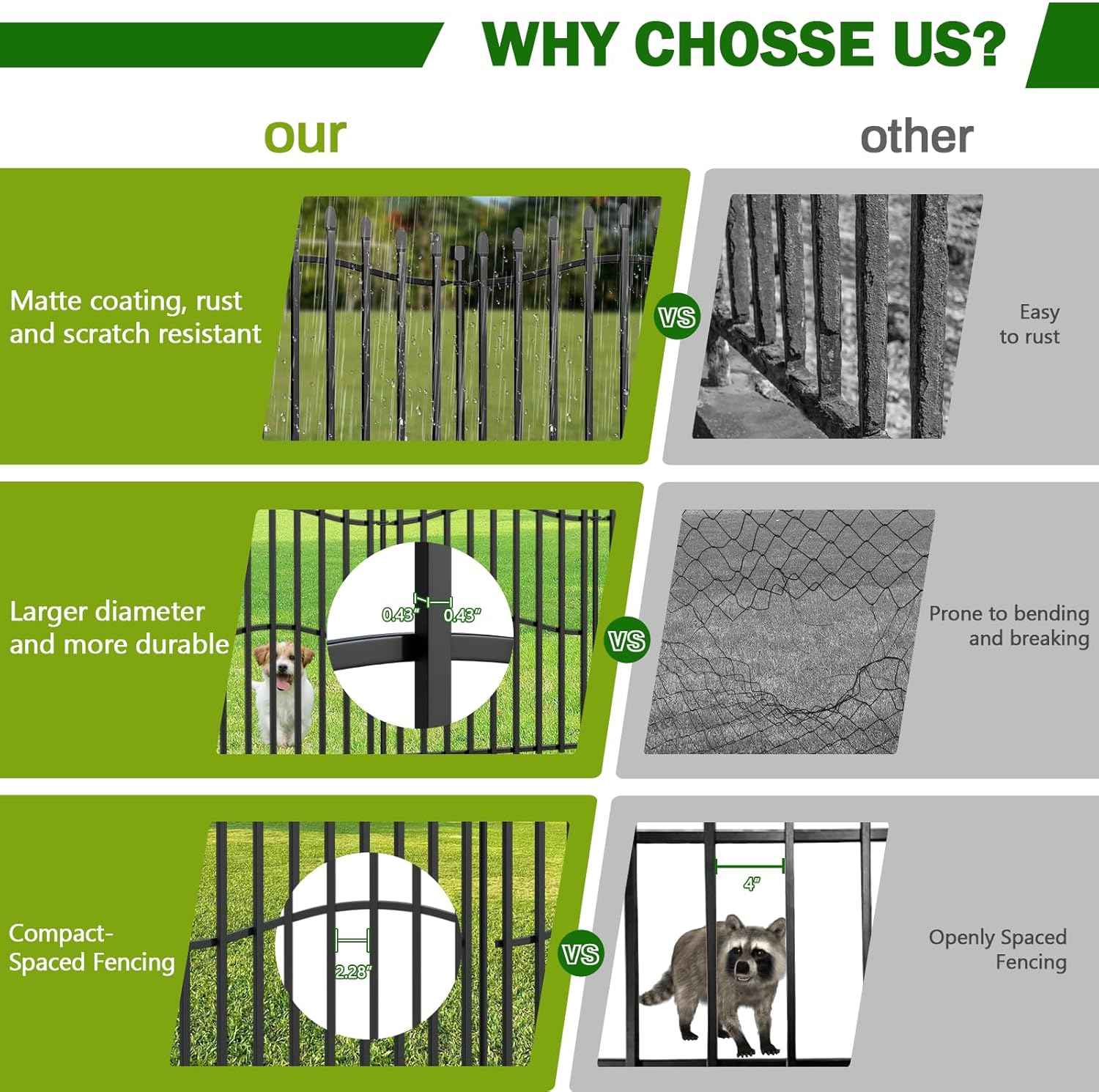 Tall No Dig Decorative Garden Fence with Gate - 5 Panels 40in H x 11.25ft L, Heavy-Duty Square Tube Animal Barrier, Rustproof Outdoor Dog Fence for Yard & Patio