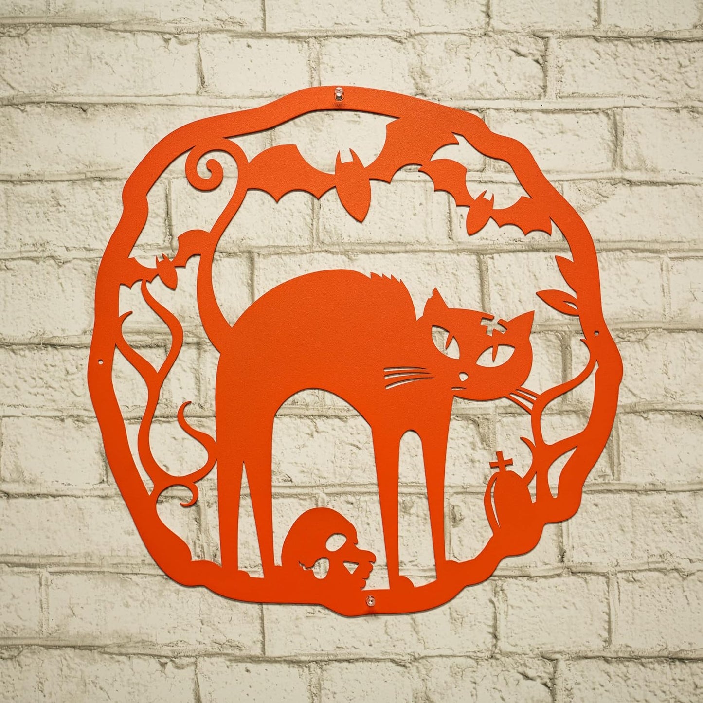RealSteel Halloween Cat Wreath, 18" Steel, Cottage, Rustic Style, Orange, Wall Decor, Front Door, Living Room, Porch, Haunted House
