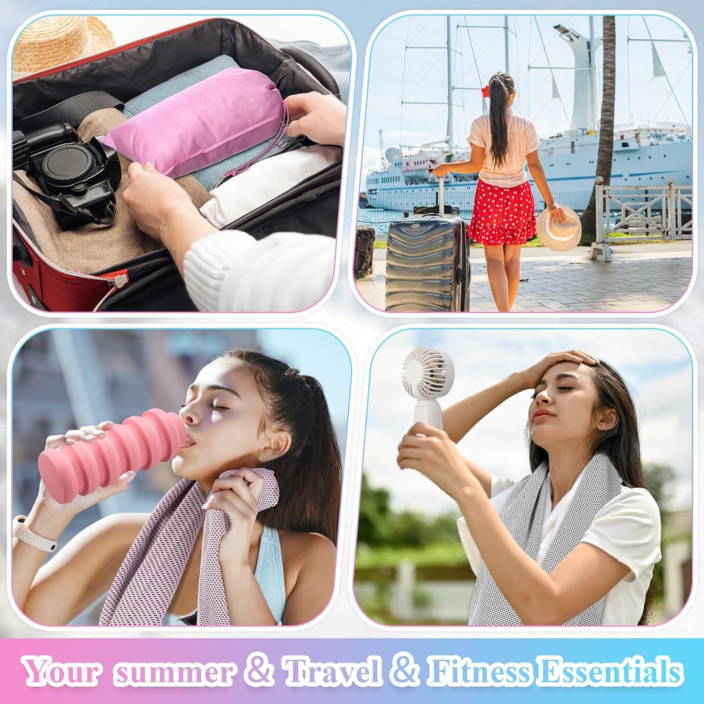 10 Set Theme Park Necessities Cruise Ship Accessory Kit Collapsible Water Bottle Cooling Towel Fan Drawstring Bag for Summer Amusement Park Outdoor Team Travel Cruise Gifts Fitness Sport Favor