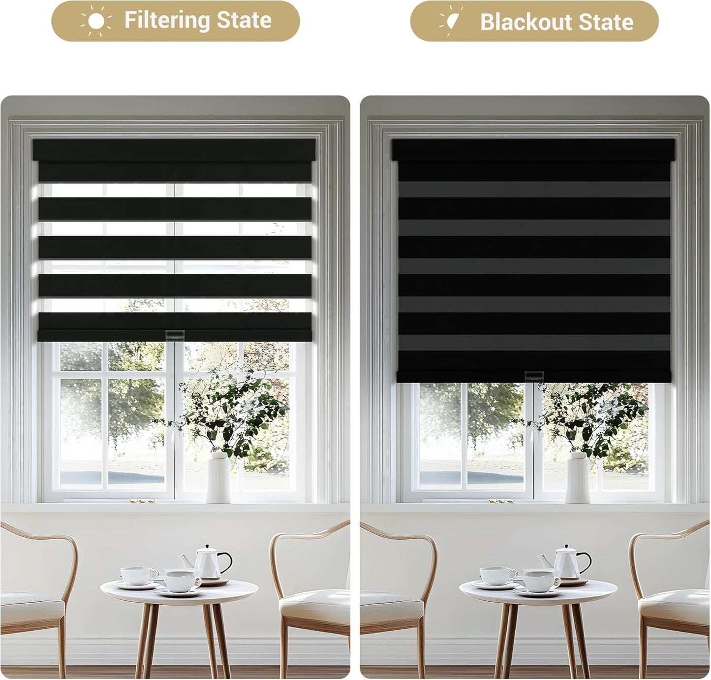 Cordless Zebra Blinds for Windows, Blackout Interior Blinds,Easy to Install,UV Protection,for Offices and Home,Custom Roller Shades, Solid Black, 35" W x 64" H