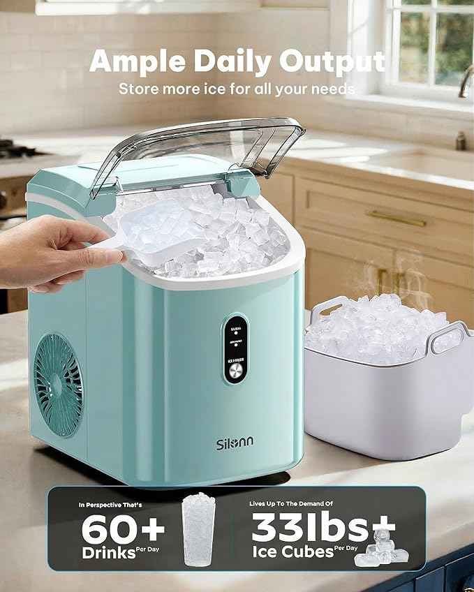 Silonn Nugget Ice Maker Countertop, Chewable Pellet Ice Machine with Self-Cleaning, Portable Pebble Ice Maker with Ice Scoop for Home, Kitchen & Office, Green