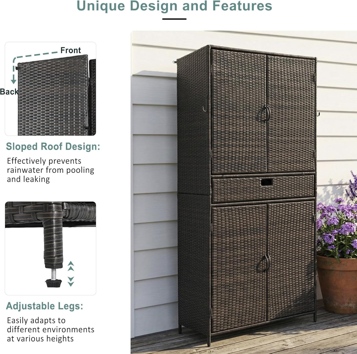Wicker Outdoor Storage Cabinet - Rattan Pool Towel Storage Cabinet with Adjustable Shelves and Drawer, Brown+Black Tall Patio Cabinets Organizer with Doors for Garden, Backyard, Poolside