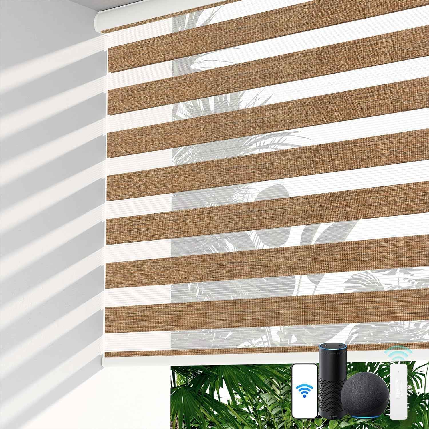 LazBlinds Motorized Zebra Roller Shades, Rechargeable Smart Blinds with Remote Control, Custom Size Light Filtering Dual Layer Roller Sheer Shades, Brown Linen