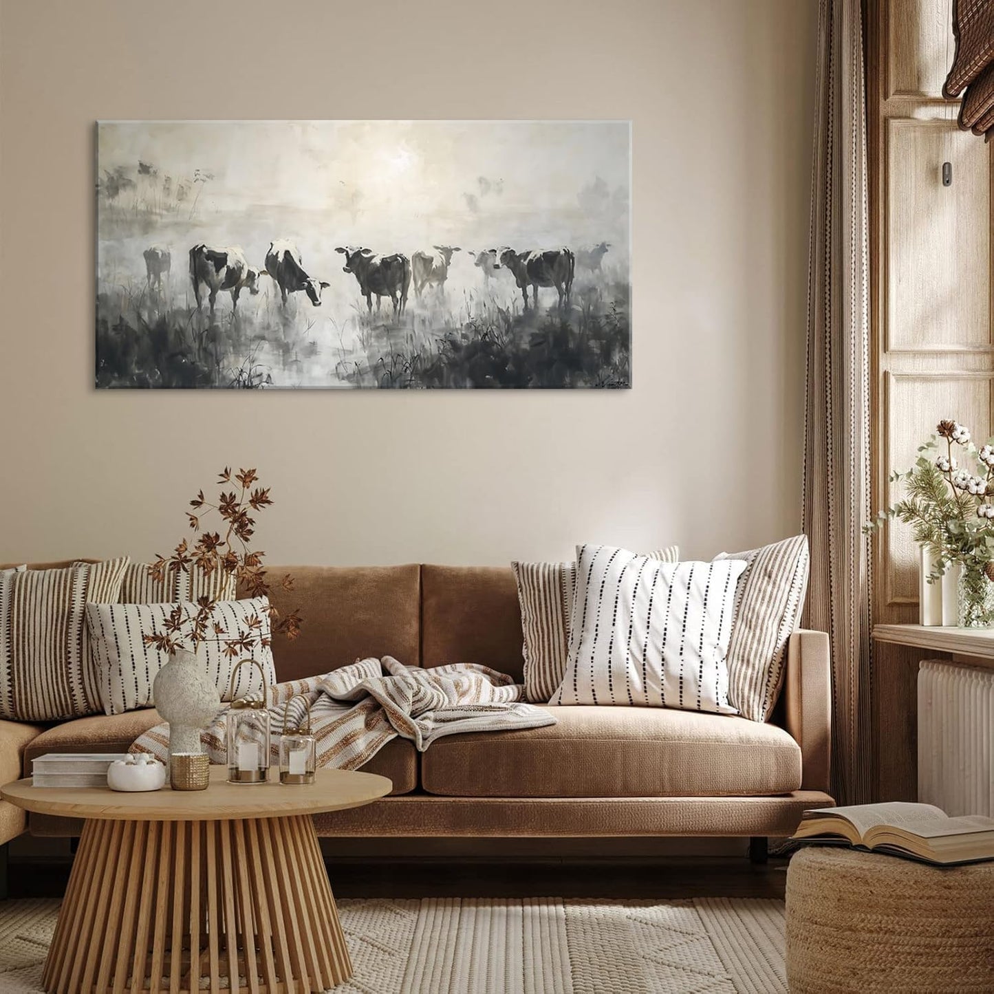 LASMOND Black and White Cow Wall Art for Living Room Ink Wash Canvas Painting Prints Morning Cattle Vintage Country Farmhouse Artwork Bedroom Office Decor (30x16 Inches)