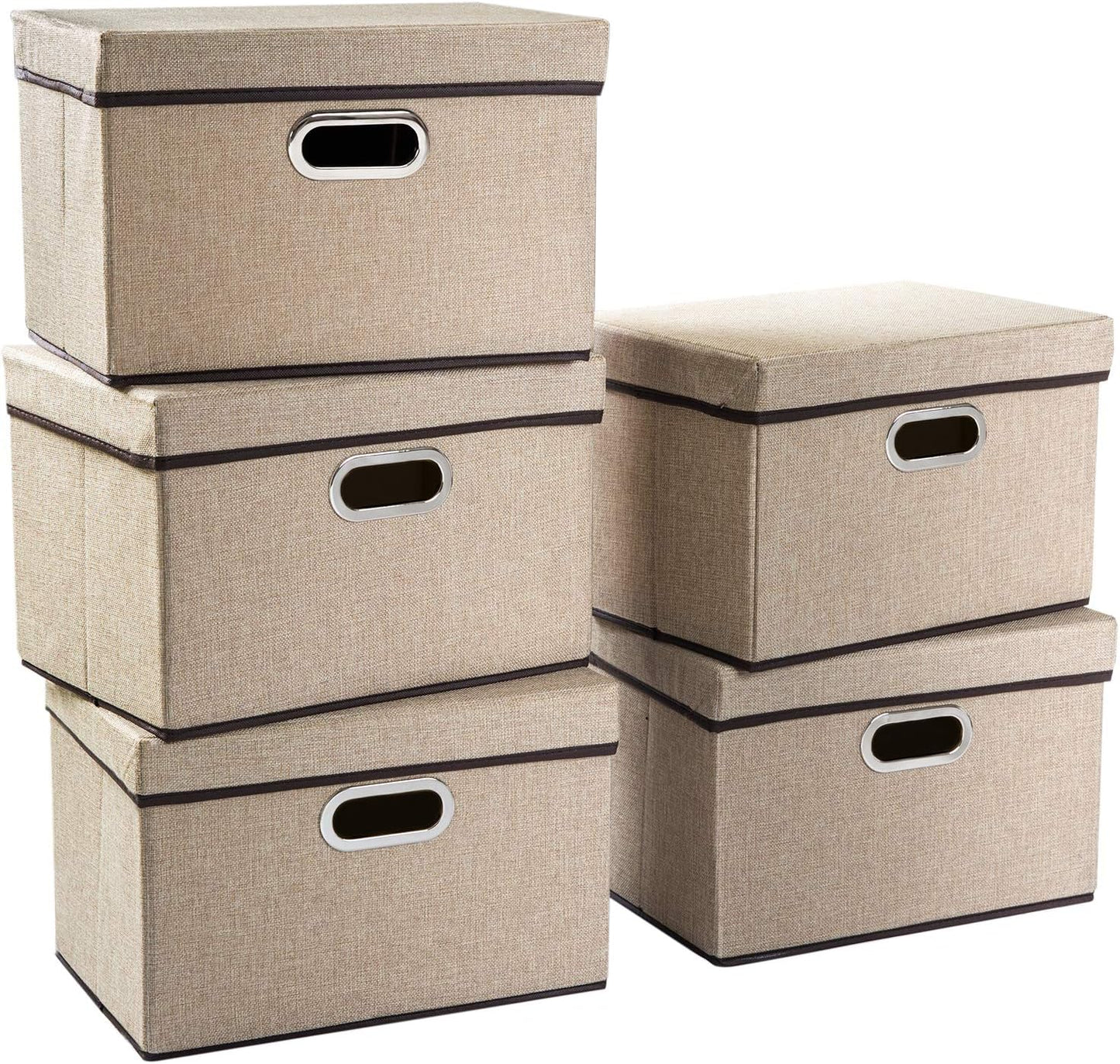 PRANDOM Collapsible Storage Containers with Lids [5-Pack] Jute Fabric Foldable Storage Bins Boxes Organizer Baskets Cube with Cover for Home Bedroom Closet Office Nursery (14.9x9.8x9.8)