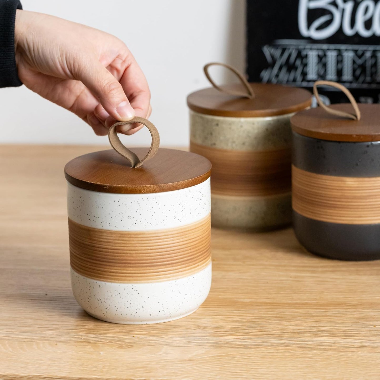 Large Storage Containers with Lids, Ceramic Coffee Container Kitchen Food Storage Jars for Spice Sugar Tea Bag, Stackable Decorative Jars for Counter, White & 61oz