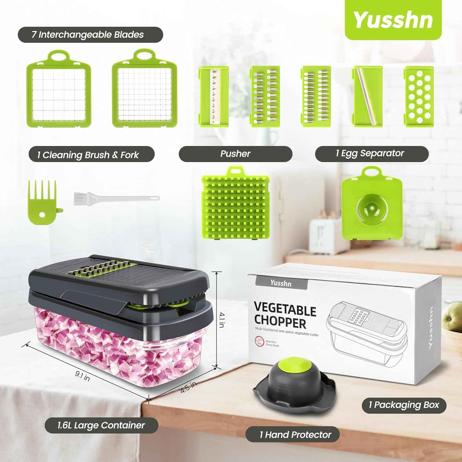 Yusshn Vegetable Chopper,12-in-1 Multifunctional Food Chopper,Professional Onion Chopper with 7 Blades,Vegetable Cutter with Container for Salad,Potato,Carrot,and Garlic; Essential Kitchen Tool(Grey)