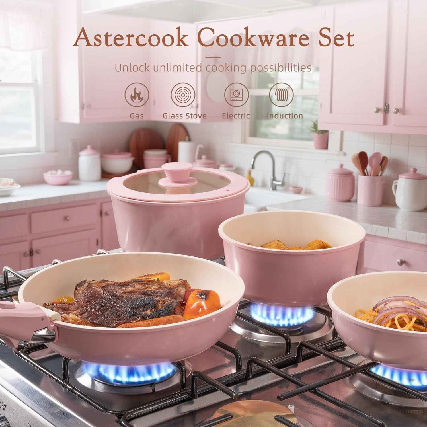 Astercook 21 Pcs Pots and Pans Set Non Stick with 15 Pcs Kitchen Knives Set with Block and Sharpener