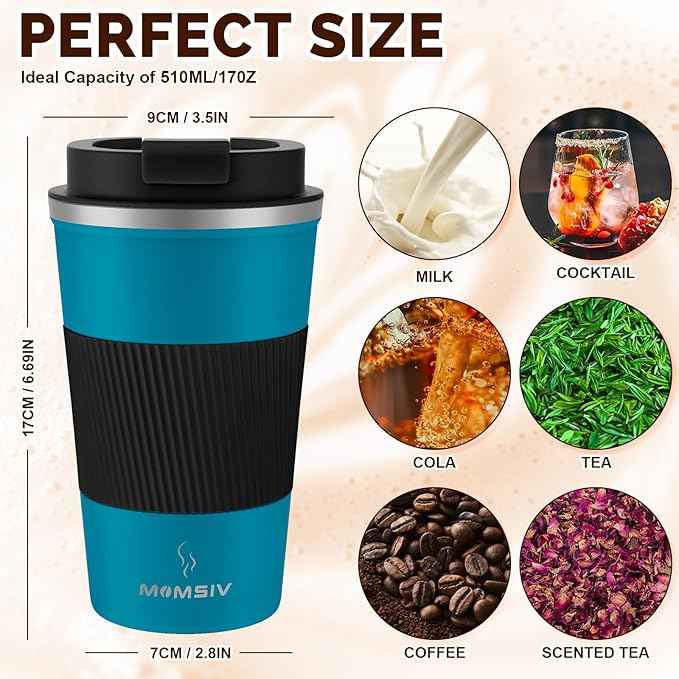 MOMSIV 17oz Travel Mug, Insulated Coffee Cup with Leakproof Lid, Vacuum Stainless Steel Double Walled Reusable Tumbler for Hot and Cold Water Coffee and Tea In Travel and Car