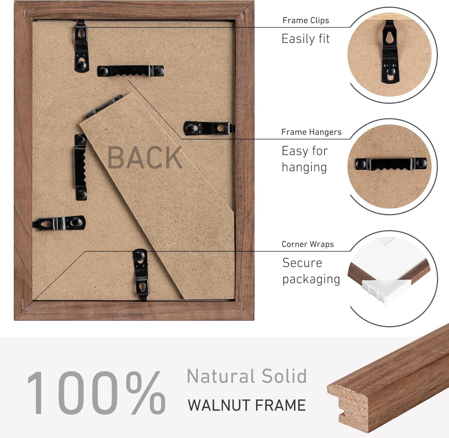 5x7 Picture Frame Set of 4 Natural Solid Walnut Photo Frames with 4x6 Removable Mat Wall Hanging Large Handcrafted Frame with HD Plexiglass Wall and Tabletop Display Large Poster Frame
