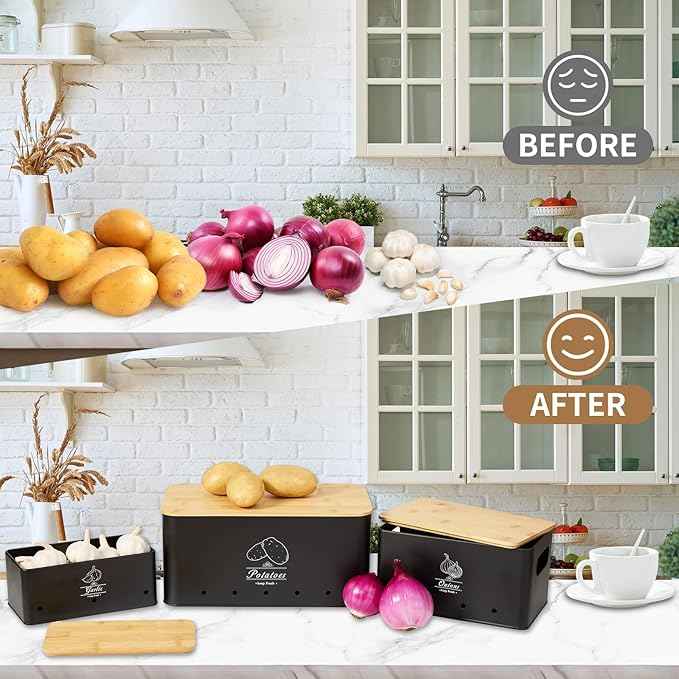 3 Pack Metal Vegetable Storage,Onion Storage,Potato Storage and Garlic Storage Set,Kitchen Vegetable Keeper,Stackable Pantry Organizers with Ventilation Holes and Bamboo Lids(BLACK)