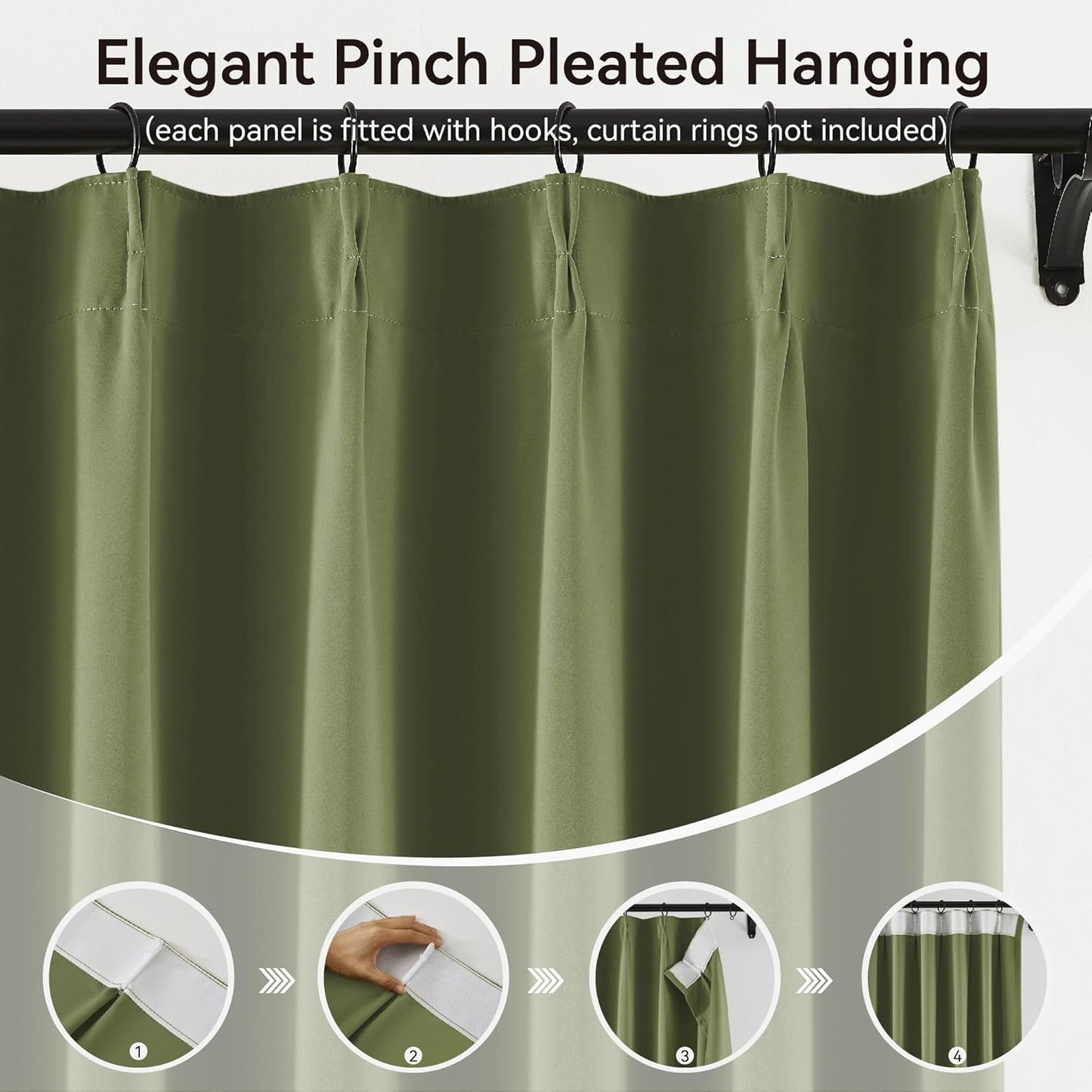 KangBang 2 PCs Sage Green Pleated Window Curtain Panels for Hall Windows, Pinch Pleat Black Out Thermal Insulated Curtains & Drapes Ceiling to Floor for Villa Cottage with Hooks Track System,40x120