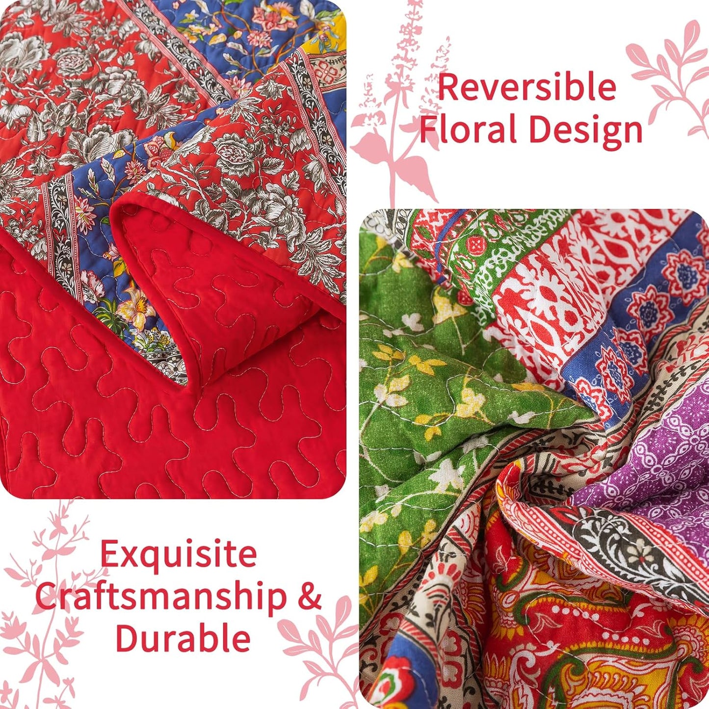 VAPUTAR Cotton Quilt Queen Size Set, Quilted Bedspread Coverlet (90 * 98 Inch) with 2 Pillowcovers, 3 Pieces Lightweight Farmhouse Style with Patchwork Design Queen Quilt Bedding Set for All Season