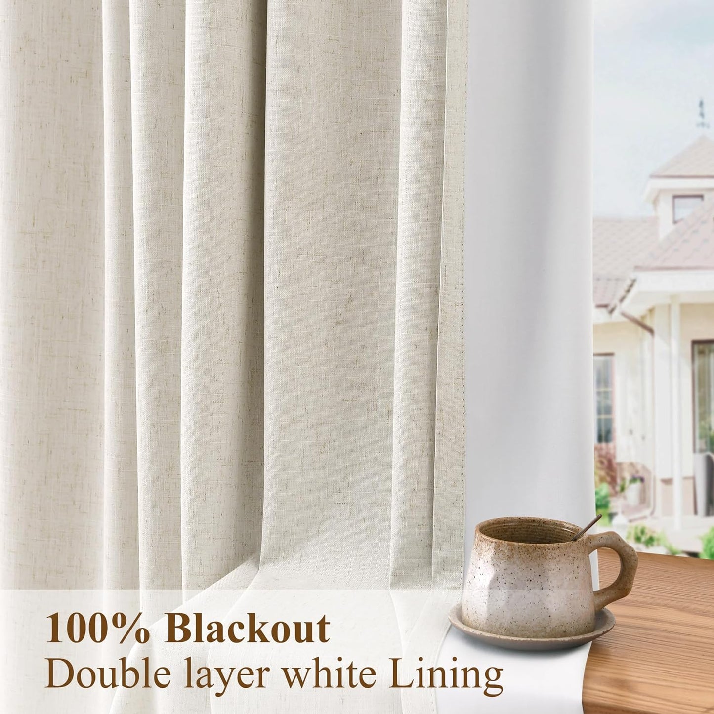 100% Blackout Extra Long Linen Pinch Pleated Curtains 9 Ft Natural Cream Drapes Room Darkening Thermal Insulated with Back Tab, Boho Ceiling to Floor Curtain for Bedroom 2 Panels 108 Inches Long