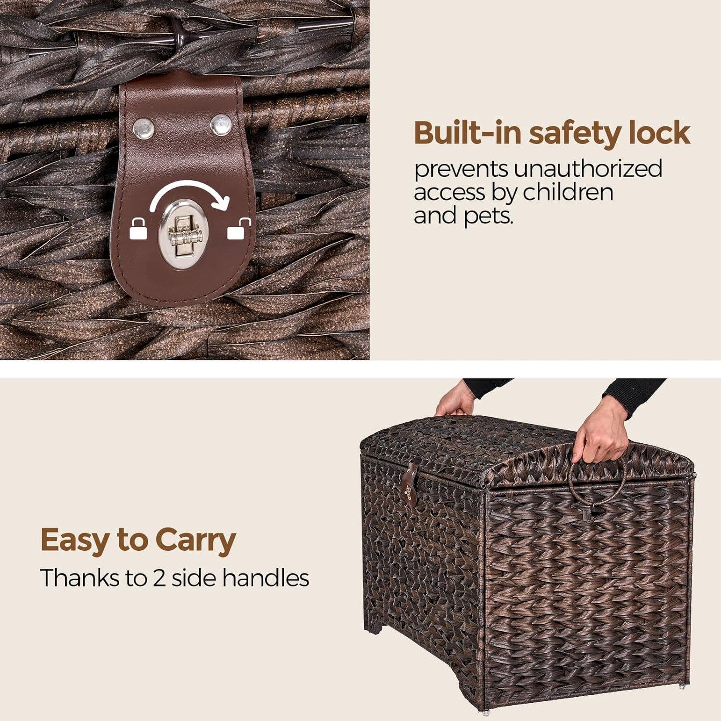 Handwoven Storage Basket with Lid, 178L Plastic Rattan Storage Bin, Leather Buckle & Metal Frame, Large Metal Ring Handles, Storage Trunk for Bedroom, Laundry Room