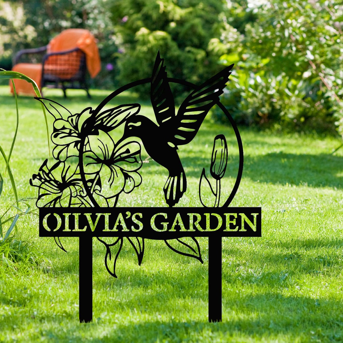 Custom Hummingbird Metal Garden Decor, Personalized Bird with Stakes Garden Sign, Flower Design Personalized Garden Sign, Custom Garden Name Sign, Home Gift, Large Outdoor Decor, Patio Decor