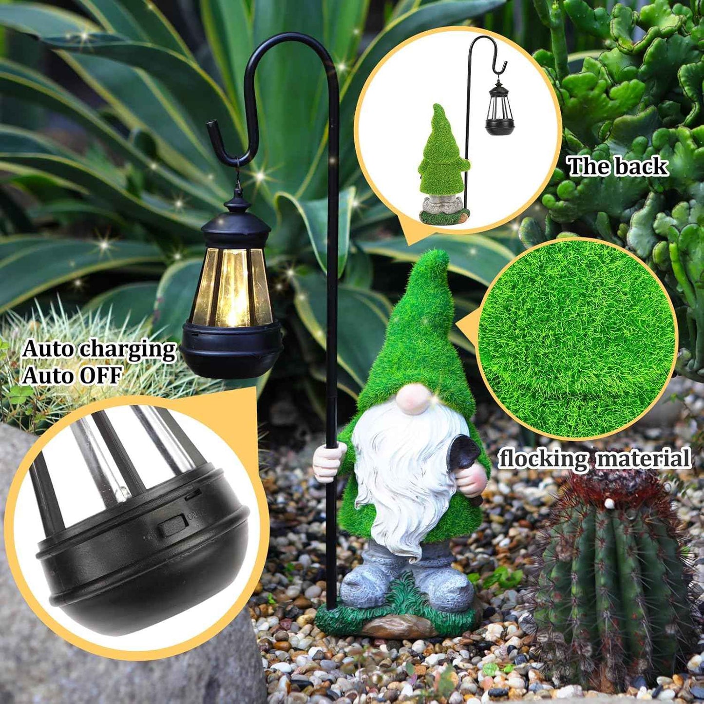Flocked Garden Gnome Statue with Solar LED Light, Large Funny Fairy Gnomes Figurines with Solar Lantern, Outdoor Fall Decorations for Yard Lawn, Tall 15.8 Inch