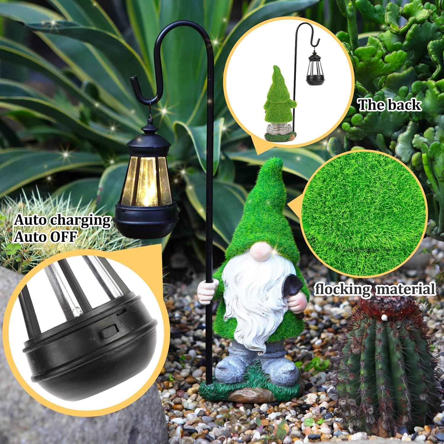 Flocked Garden Gnome Statue with Solar LED Light, Large Funny Fairy Gnomes Figurines with Solar Lantern, Outdoor Fall Decorations for Yard Lawn, Tall 15.8 Inch