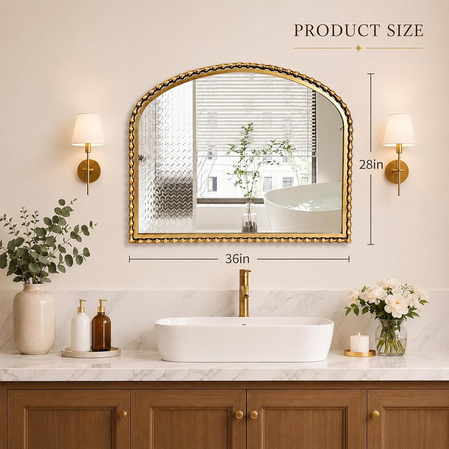 36x28 Inch Wide Arched Wall Mirror with Bold Antique Gold Beaded Frame, Decorative Mantel Mirror for Fireplace or Entryway, Horizontal Hanging Statement Mirror for Living Room Wall Decor
