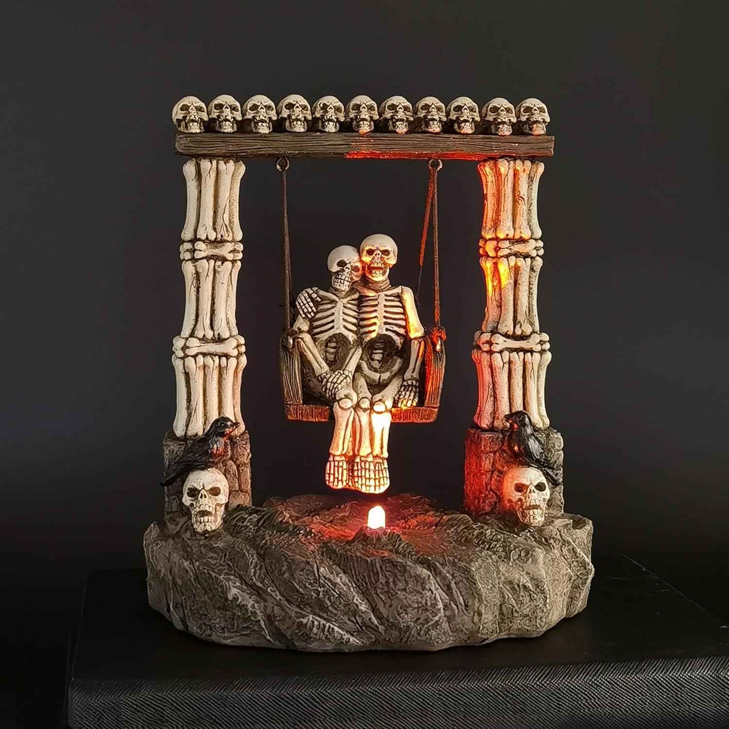 JORAE Swinging Skeleton Statue Couple on Light Up Color Changing LED Roman Pillars Skull Halloween Figurine Day of The Dead Collectible Home Decor, 6.7" H