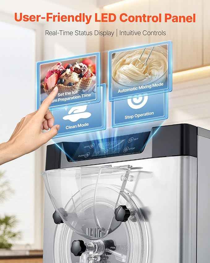 VEVOR Commercial Hard Ice Cream Machine, 2400W 3.17 to 5.28 Gallons per Hour, Gelato Hard Serve Ice Cream Maker with 10L 304 Stainless Steel Cylinder, Auto Clean LED Panel for Snack Bar Restaurants