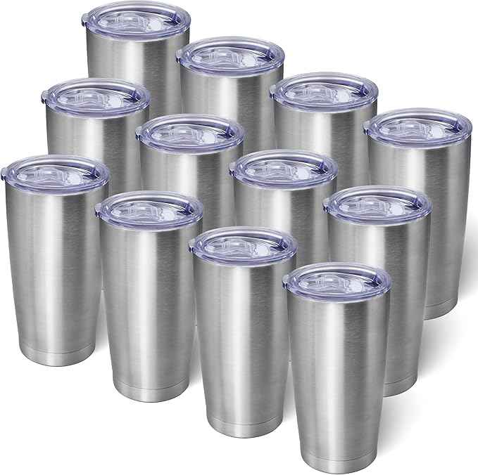 AIANJI 20oz Tumbler Bulk Stainless Steel Tumblers with Lid Vacuum Insulated Double Wall Travel Coffee Mug Powder Coated Tumbler Cup for Hot and Cold Drinks(Stainless Steel, 12 pack)
