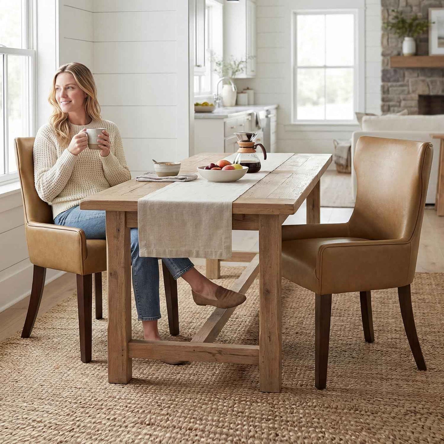 Modern Dining Chairs Set of 4, Faux Leather Kitchen Chairs with Wood Legs, Upholstered Curved Back Side Accent Chair for Kitchen/Dining Room, Brown PU