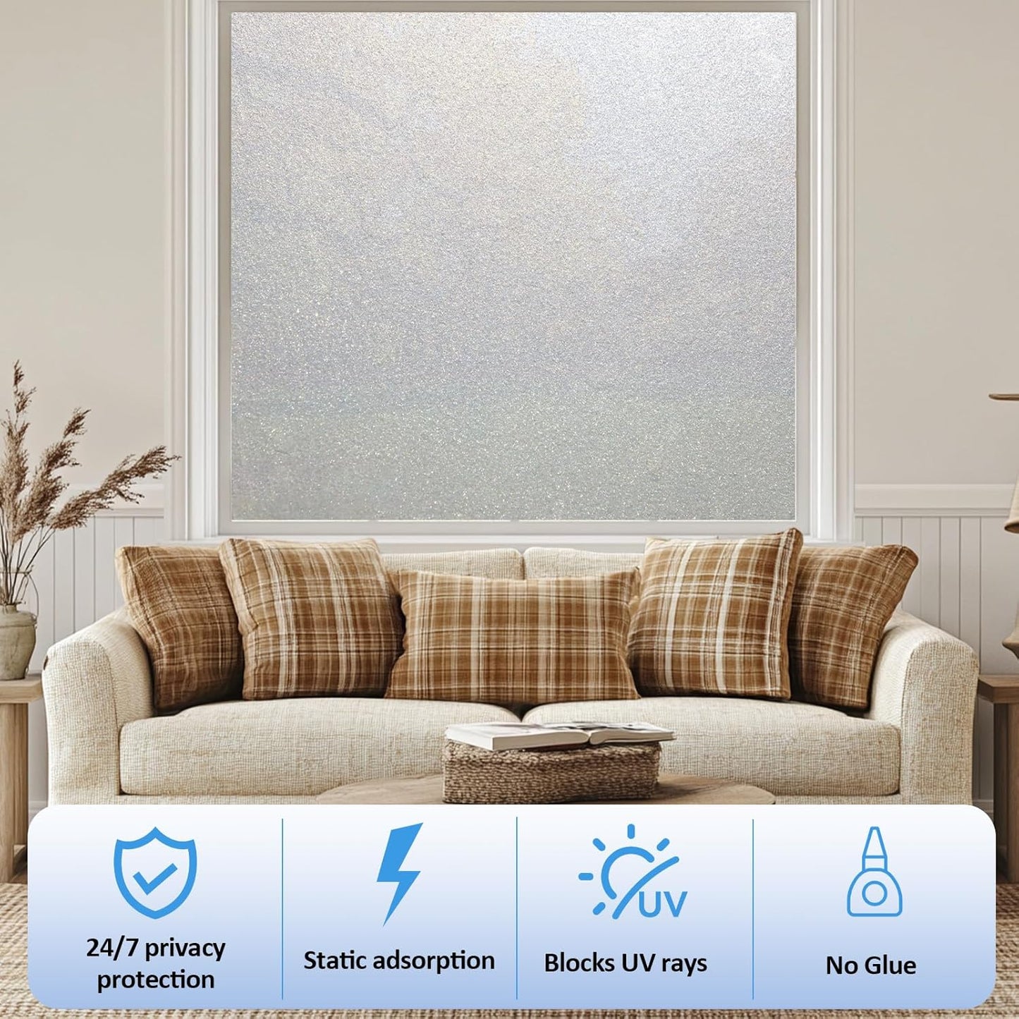 Frosted Glass Window Film with 4 Tools,Privacy Window Film with Ice-Crystal Effect and Reusable Design. Easy Installation Static Cling.Ideal for Home and Offices- Pure 35.43"x196.9"