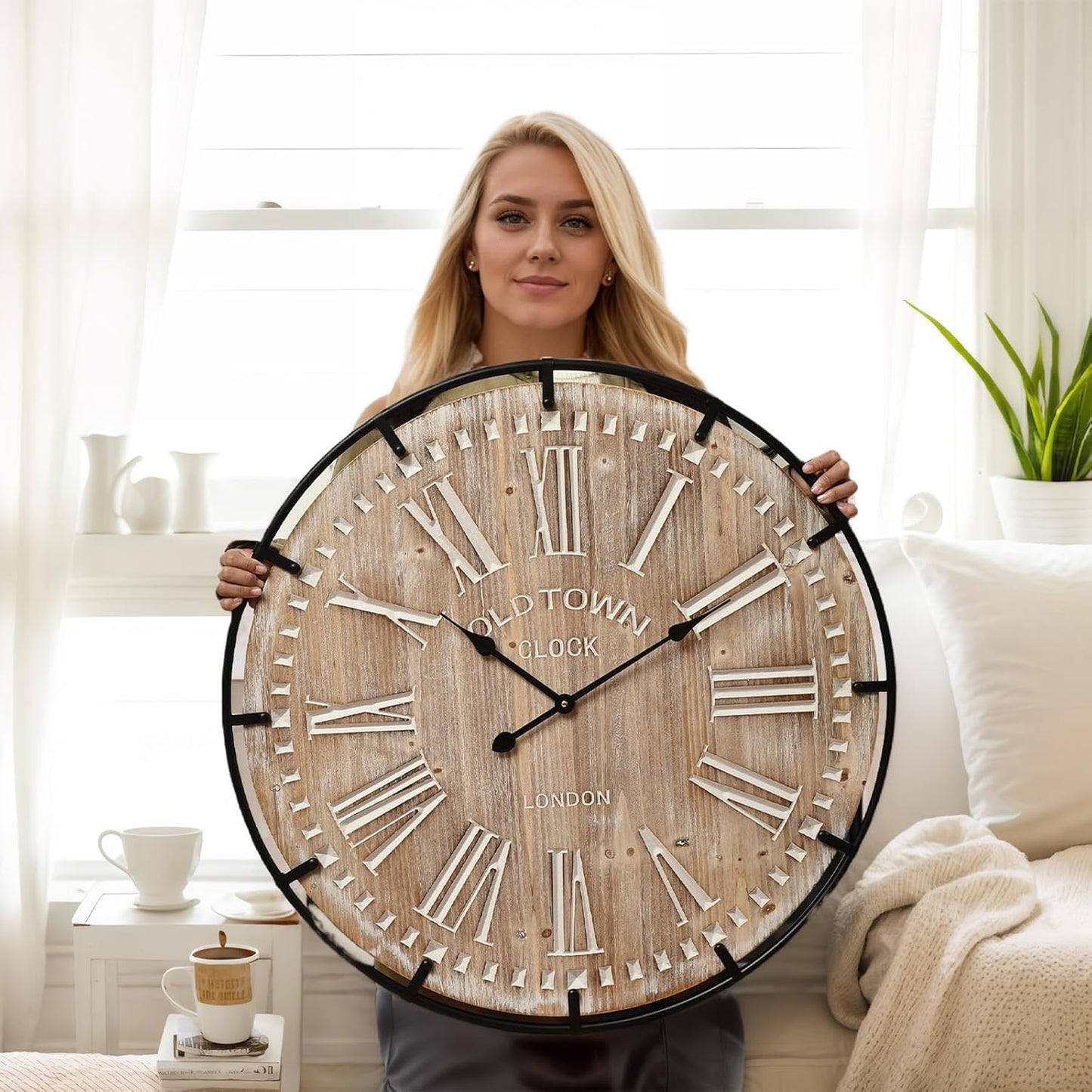 Large Wall Clock –30 Inch Farmhouse Clock -Extra Large 30 Inch Wood and Metal Wall Clock, Silent and Battery Operated for Living Room, Kitchen and Office Decor