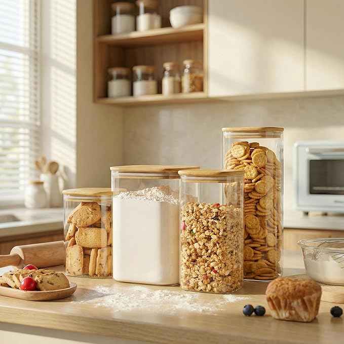 HomArtist Square Glass Jars with Bamboo Lids 30 FL OZ [Set of 6], Glass Canisters with Airtight Lid, Glass Food Storage Container for Pasta, Flour, Sugar, Rice, Best for Kitchen & Pantry