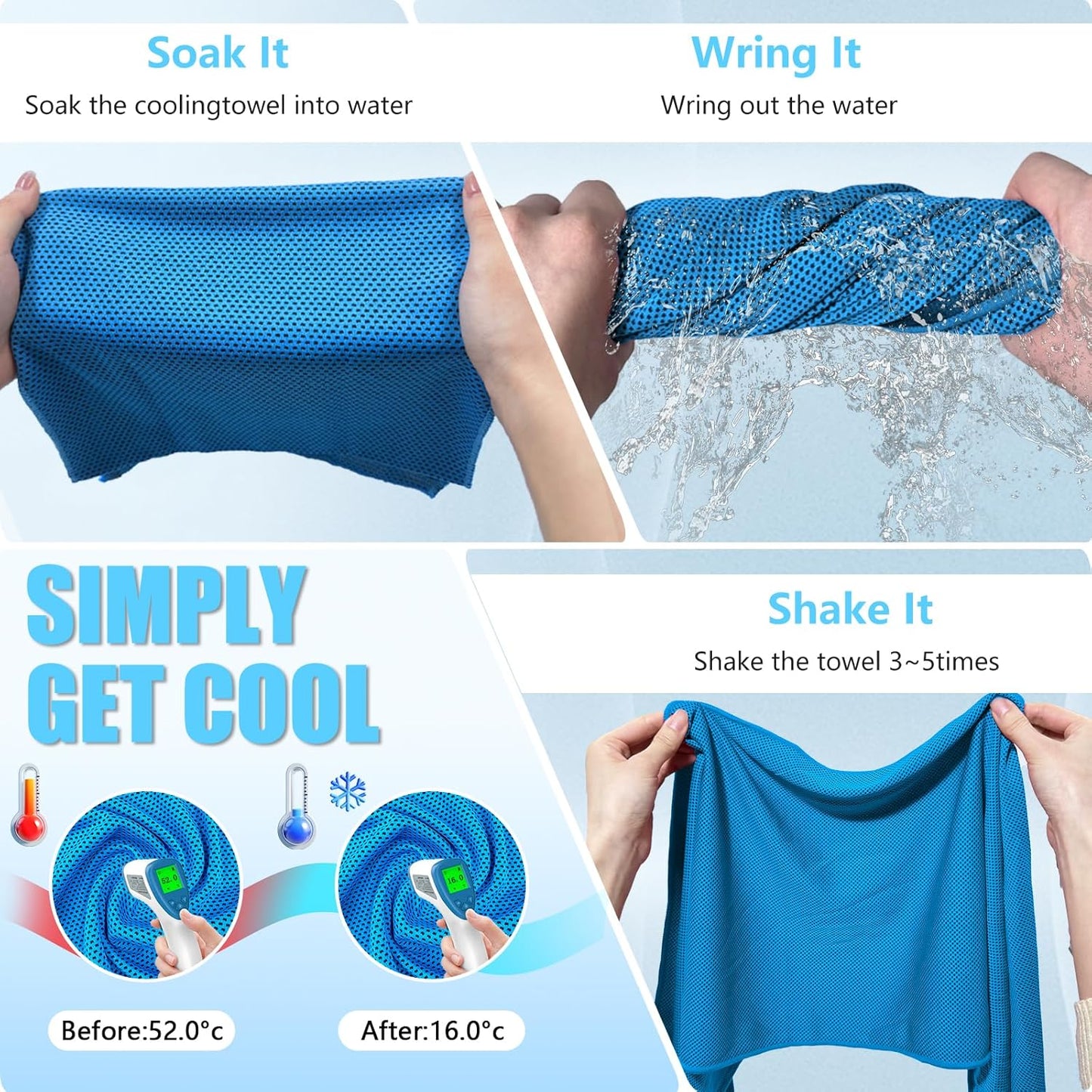 PAWPRO 4 Packs Cooling Towels for Neck and Face, Soft Breathable Gym Towels with Waterproof Bag & Carabiner, Multi-Colored Sweat Towels for Gym, Running, Yoga (Light Blue/Royal Blue/Black/Grey)